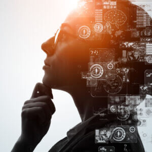 AI (Artificial Intelligence) concept. Communication network. GUI (Graphical User Interface).