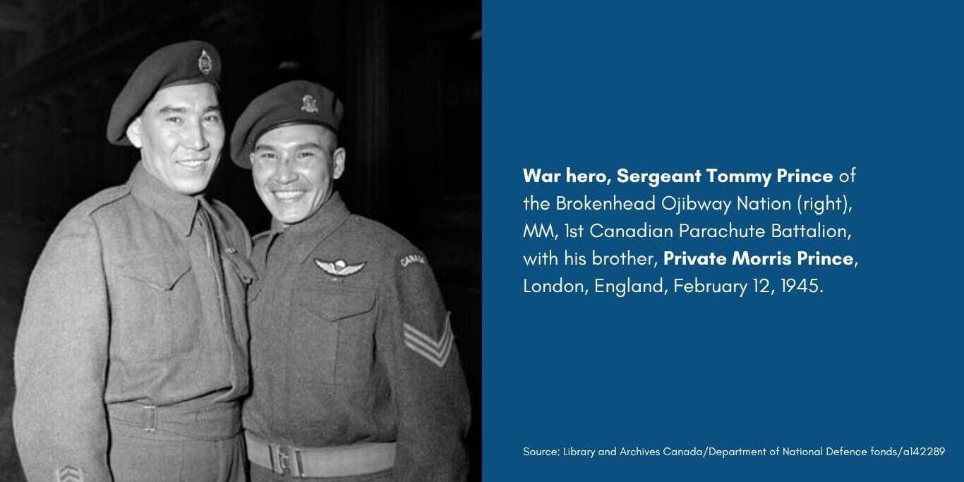 Sergeant Tommy Prince of the Brokenhead Ojibway Nation (right), MM, 1st Canadian Parachute Battalion, with his brother, Private Morris Prince, at an investiture at Buckingham Palace, London, England, February 12, 1945.